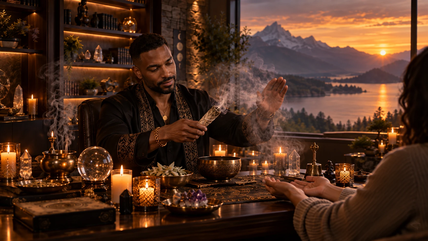 Séance de purification : encens, bol chantant et bougies sur une table de travail